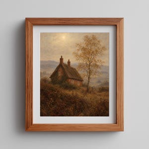 Autumn cottage digital print for entryway — golden tree and rolling hills with cottagecore style