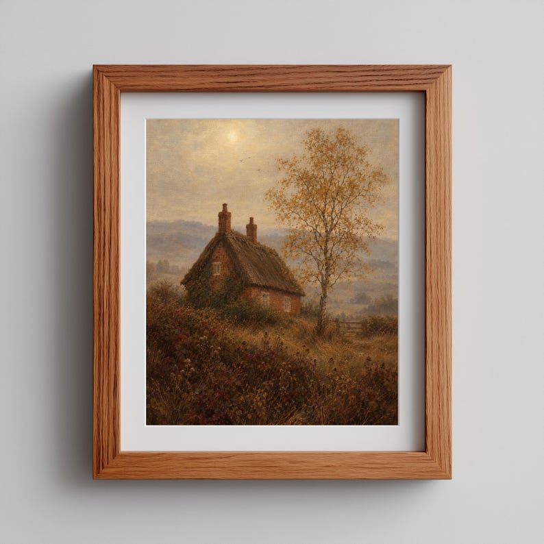 Autumn cottage digital print for entryway — golden tree and rolling hills with cottagecore style