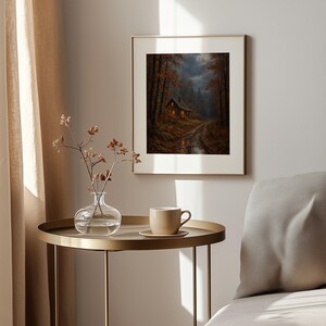 Cozy woodland cabin poster wall art for bedroom — moody autumn forest with warm glowing windows