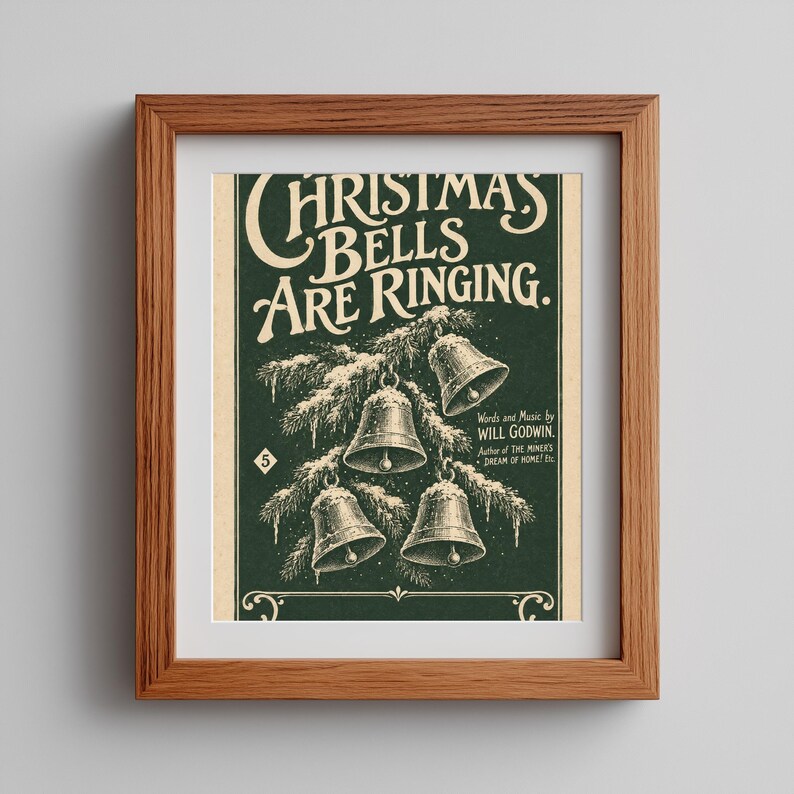 Antique sheet music cover digital print showing hanging bells and frost-kissed evergreen branches for seasonal décor