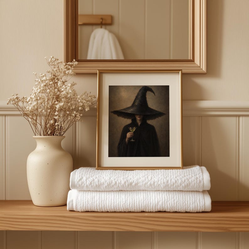Enchanted character sipping drink poster for Halloween walls — dark moody seasonal art print