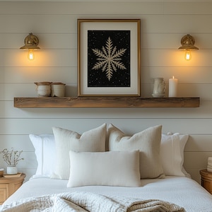 Moody snowflake digital download wall decor — intricate cream crystalline design with night-sky ambiance and speckled backdrop