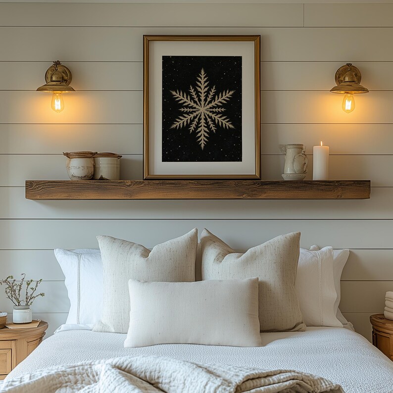 Moody snowflake digital download wall decor — intricate cream crystalline design with night-sky ambiance and speckled backdrop