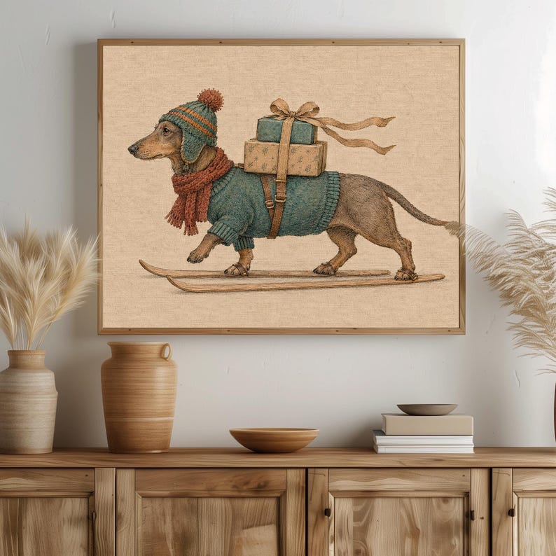 Vintage-style holiday pooch poster — whimsical Christmas illustration with wrapped package bundles