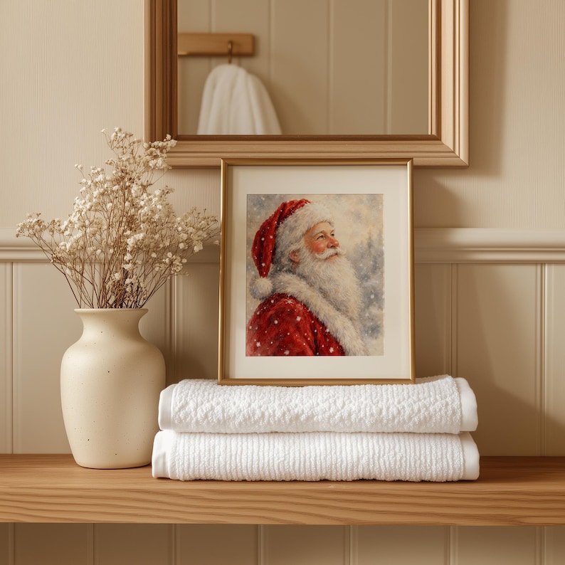 Retro Christmas portrait printable art with muted background tones and nostalgic seasonal mood