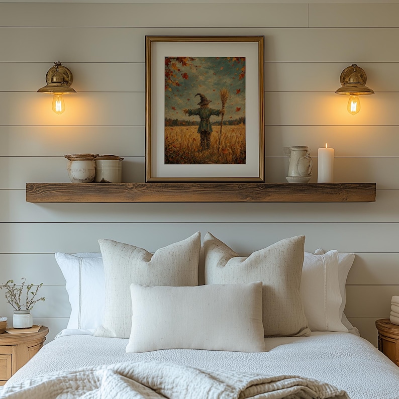 Golden field scarecrow picture printable for kitchen — farmhouse-style artwork with rich autumn hues and countryside charm