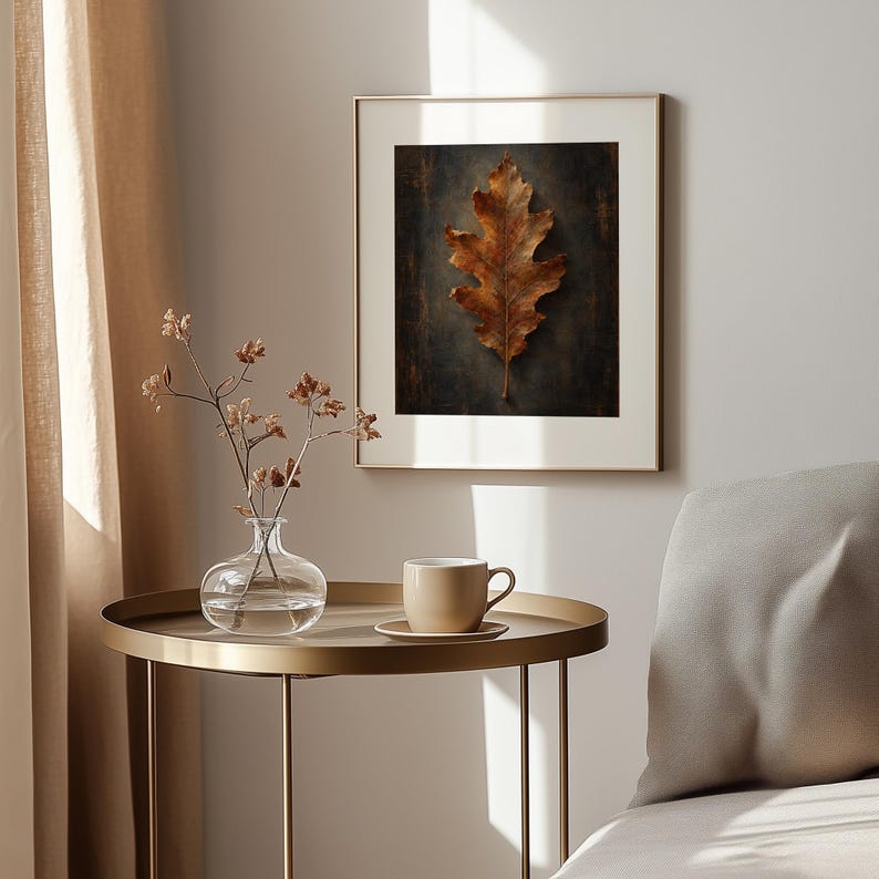 Textured leaf digital picture for gallery wall art — moody rustic autumn botanical print
