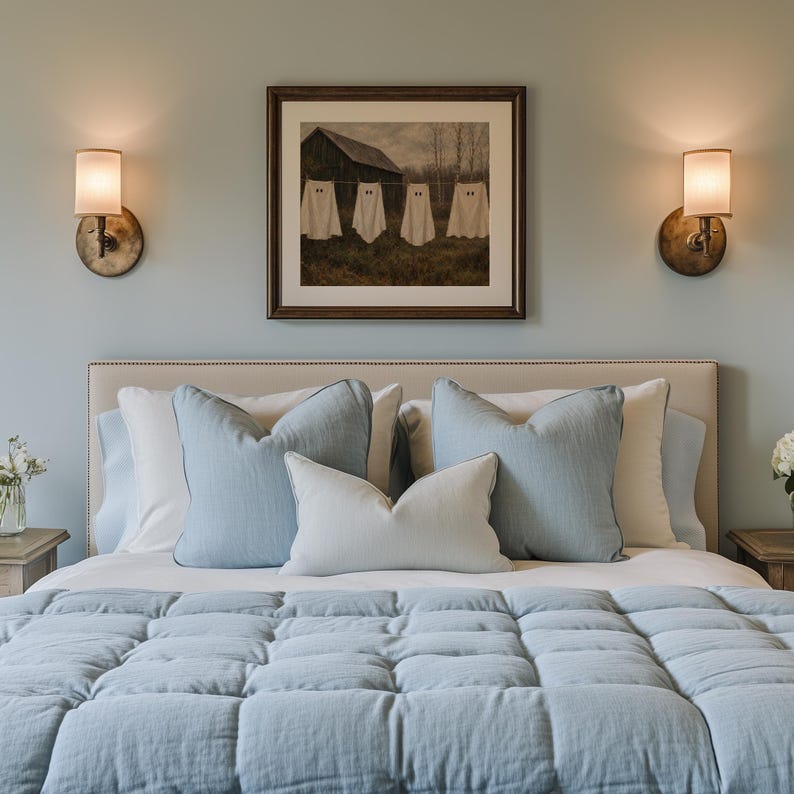 Spooky sheet spectre gallery wall art for den — creepy-cute rustic farmhouse painting with muted color palette and textured brushwork