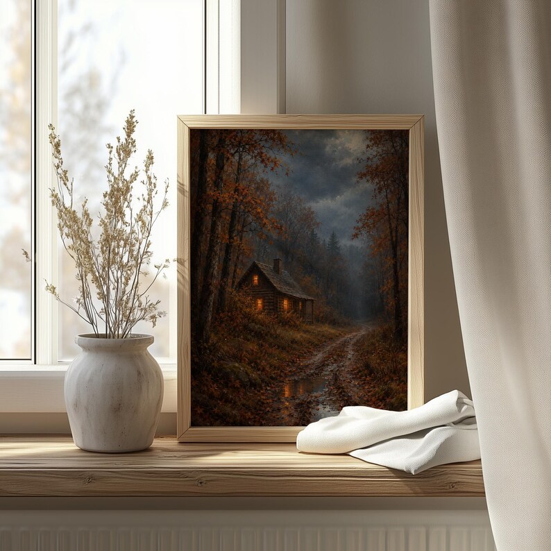 Woodland retreat printable poster for home office — atmospheric autumn landscape with glowing cabin