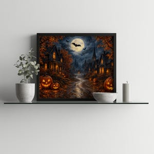 Haunted village street painting printable art for bedroom — glowing jack-o'-lanterns and lantern-lit houses under moonlit sky