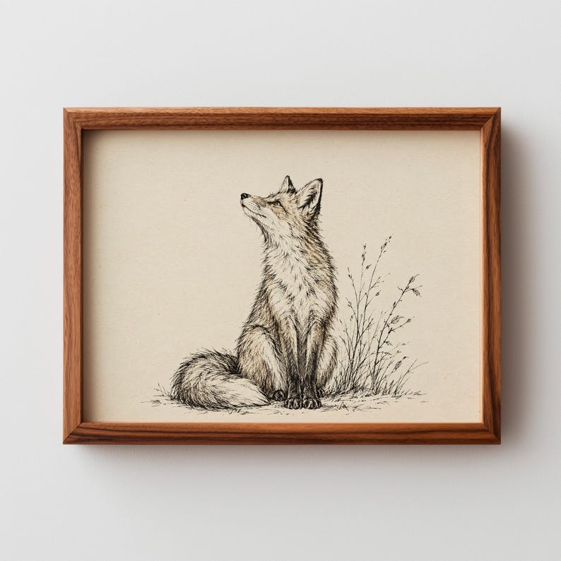 Hand-sketched fox digital print featuring delicate grass — cottagecore farmhouse wall decor for cabin spaces