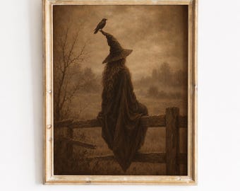Vintage Witch Crow Print, Dark Academia Halloween Wall Art (Digital Download)