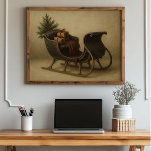 Cozy sleigh ride wall decor instant download featuring wrapped gifts, pine tree, and vintage pastoral charm