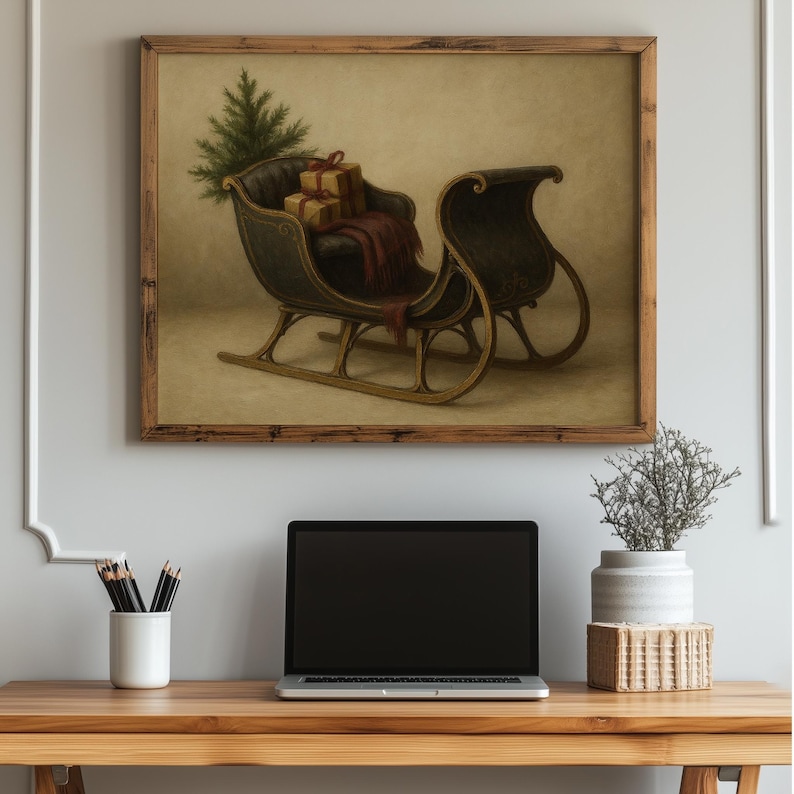 Cozy sleigh ride wall decor instant download featuring wrapped gifts, pine tree, and vintage pastoral charm