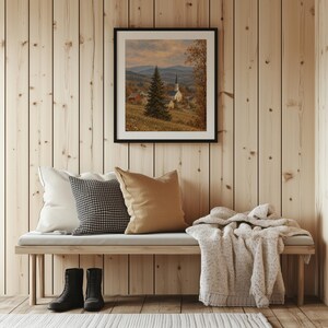 Vintage steeple painting wall art featuring muted earth tones and peaceful countryside charm