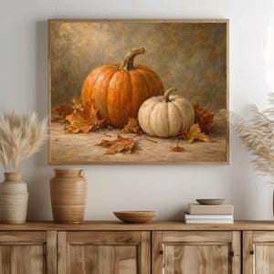 Rustic seasonal digital artwork for kitchen — pumpkin study with vintage farmhouse charm and natural tones