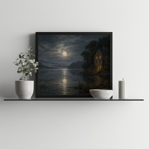 Moonrise over manor house printable picture for library — cozy-dark aesthetic with lit windows and atmospheric clouds
