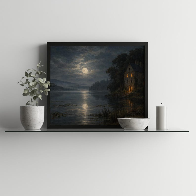 Moonrise over manor house printable picture for library — cozy-dark aesthetic with lit windows and atmospheric clouds