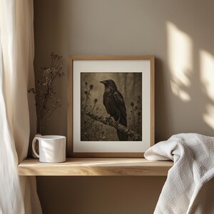 Perched blackbird wall poster for gothic bedroom — muted sepia toned artwork featuring overgrown branches and foggy woods