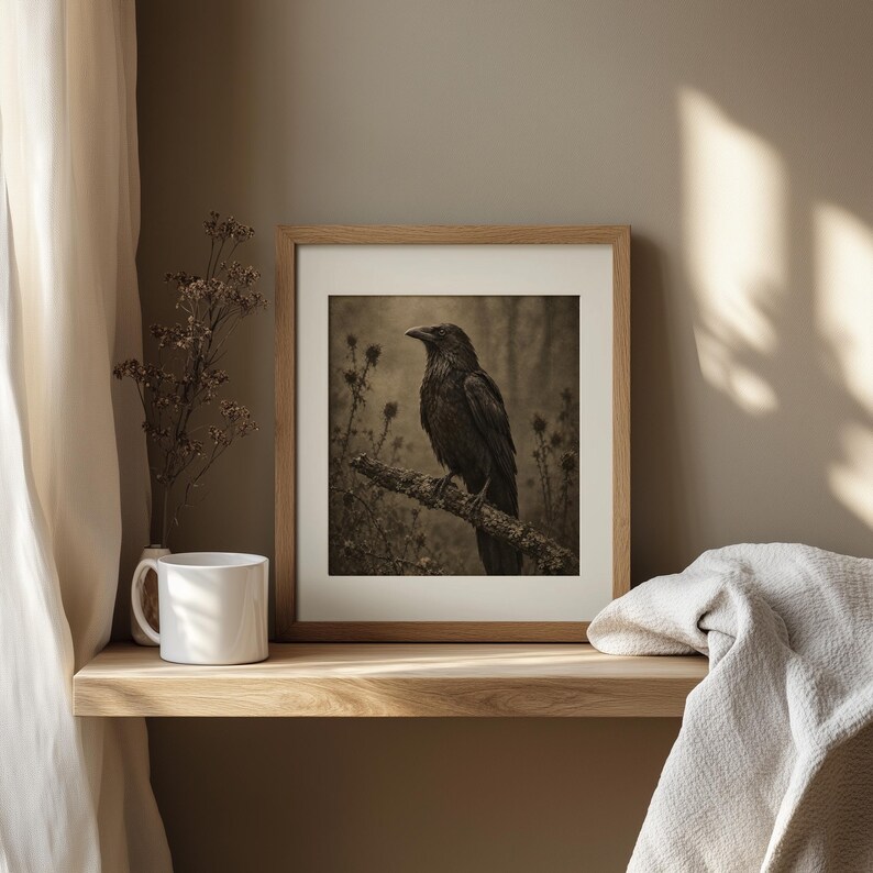 Perched blackbird wall poster for gothic bedroom — muted sepia toned artwork featuring overgrown branches and foggy woods