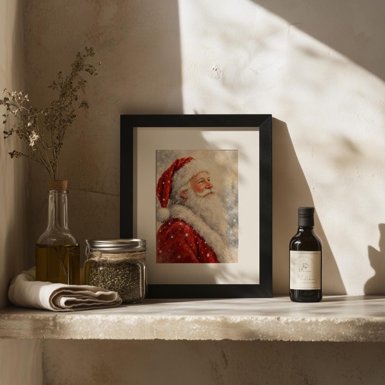 Watercolor-style Christmas artwork wall art — vintage character portrait with dreamy seasonal backdrop