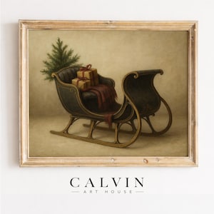 Vintage seasonal sleigh poster for hallway featuring aged painted style and gentle brushwork holiday scene