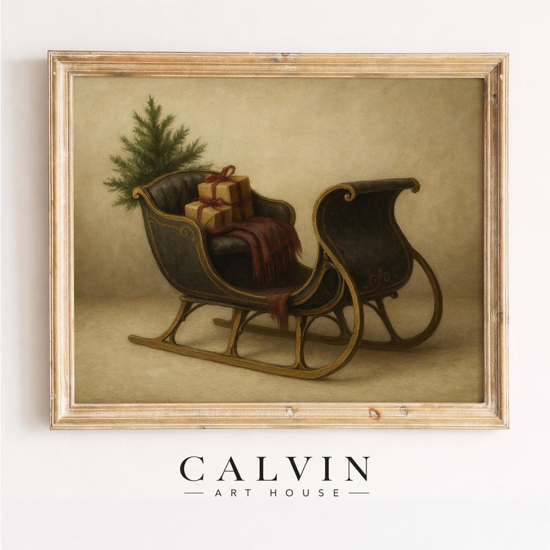 Vintage seasonal sleigh poster for hallway featuring aged painted style and gentle brushwork holiday scene