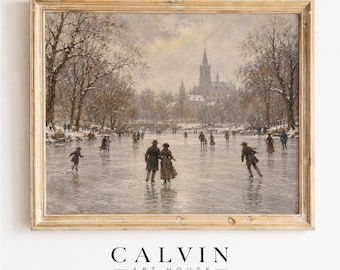 Vintage Winter Ice Skating Pond Painting, Snowy Cathedral Village Art (Digital Download)