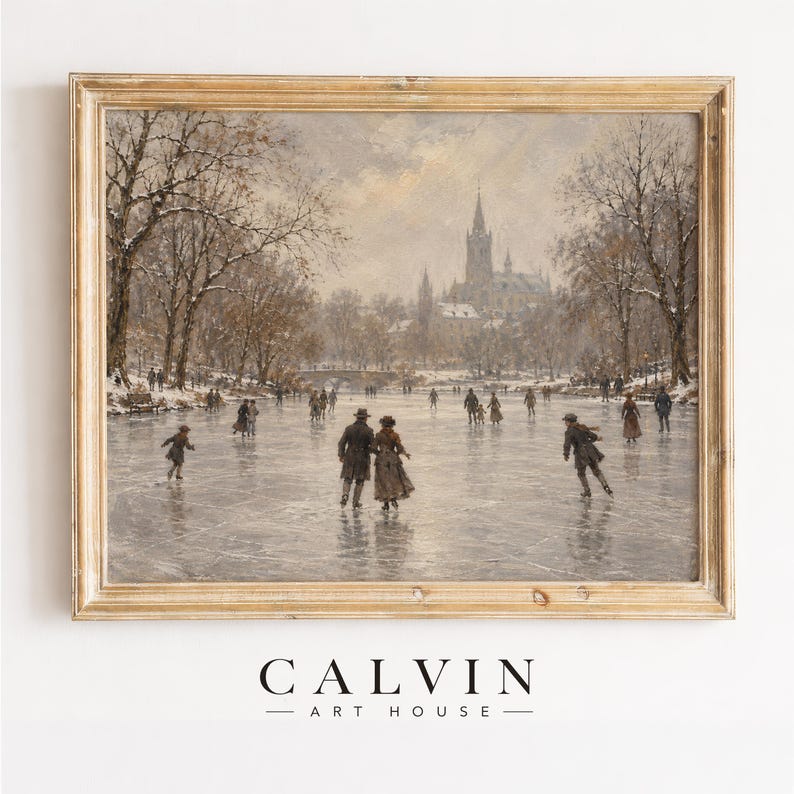 Cottage core winter wall art printable — charming ice pond with silhouetted figures and winter sky