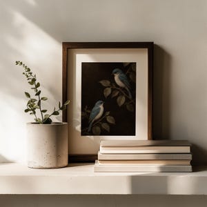 Blue feathered pair digital print for living room — rustic vintage painting with subtle antique varnish