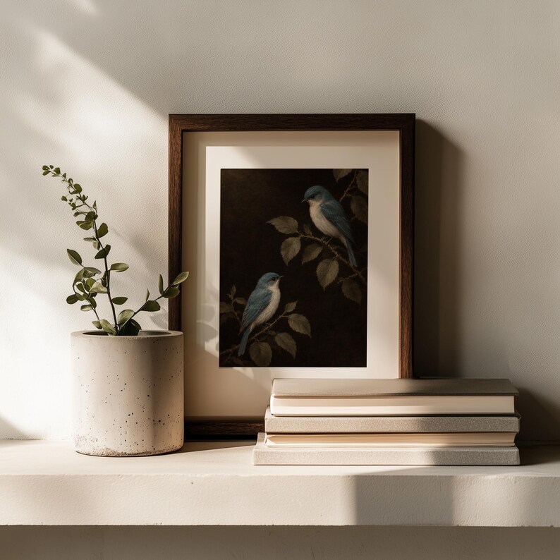 Blue feathered pair digital print for living room — rustic vintage painting with subtle antique varnish