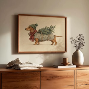 Seasonal dachshund illustration with tree and twine wall art — vintage farmhouse pet picture