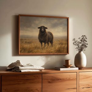 Pastoral sheep painting digital download — earthy vintage aesthetic with serene rolling landscape