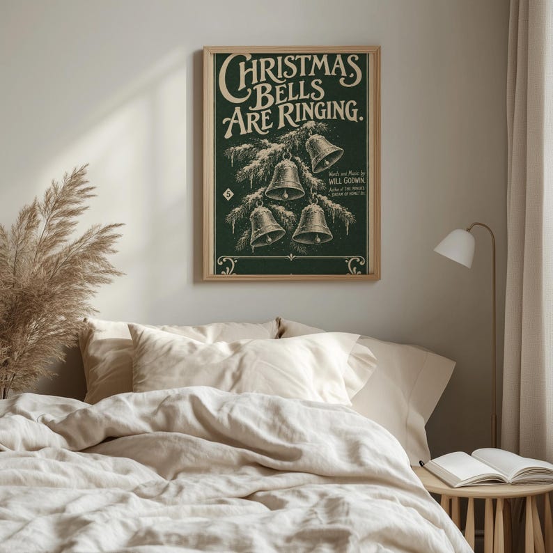 Nostalgic holiday bells wall art printable — cozy farmhouse style with hand-drawn illustration and serif lettering