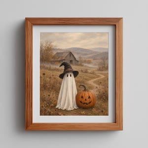 Farmhouse ghost pumpkin poster art — soft textured vintage autumn scene with moody countryside aesthetic