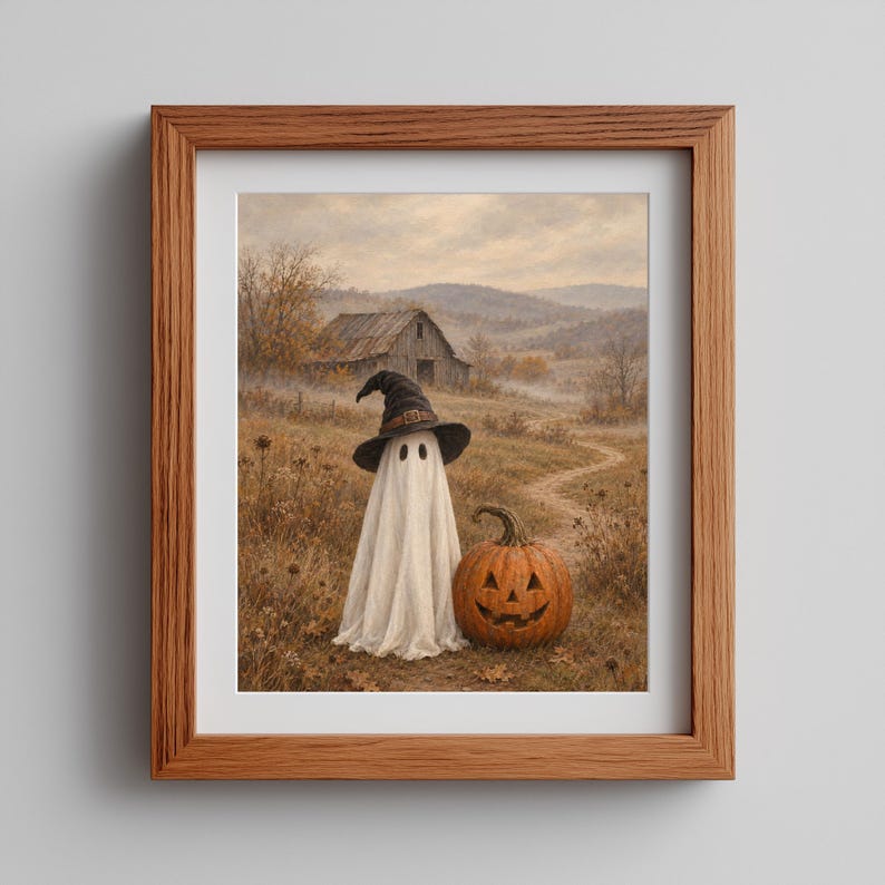 Farmhouse ghost pumpkin poster art — soft textured vintage autumn scene with moody countryside aesthetic