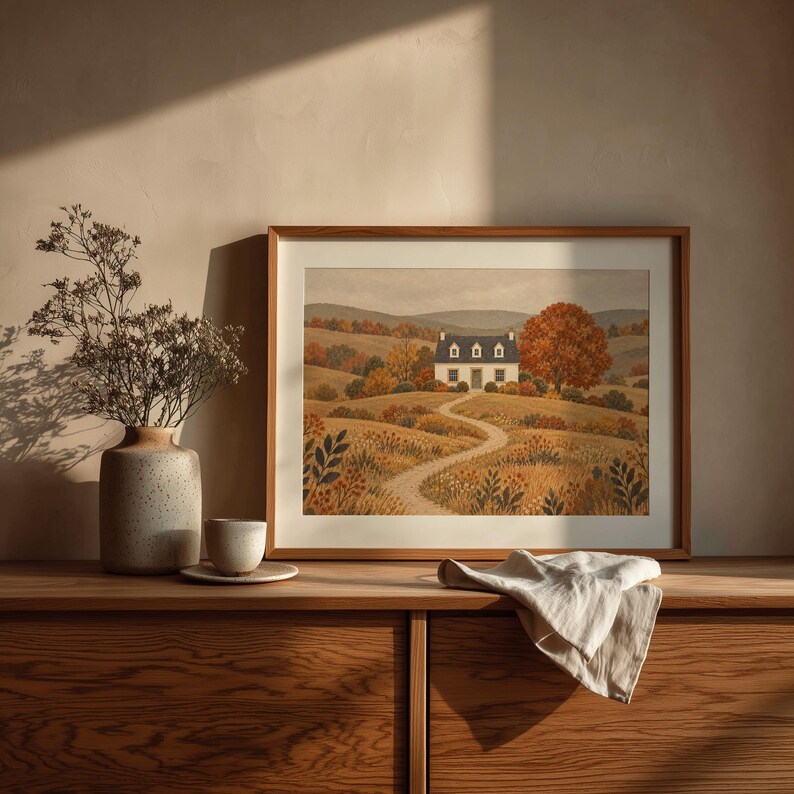 Pastoral cottage painting poster for bedroom — rustic countryside charm with warm cream and olive palette