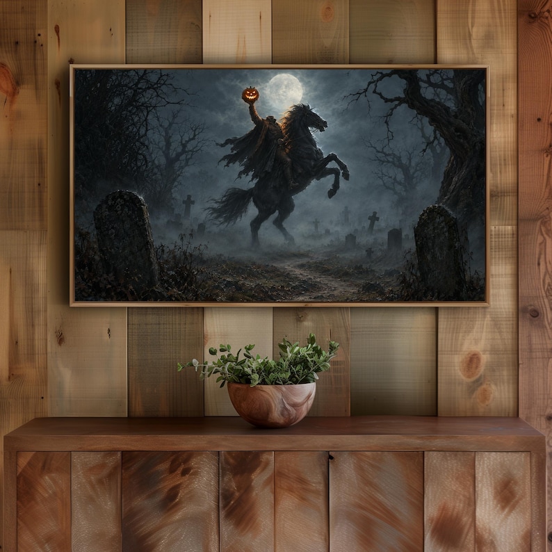 Haunted cemetery Frame TV art — shrouded figure on galloping steed beneath bare twisted trees, rich textured brushwork in blacks and deep blues