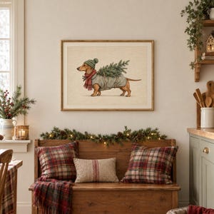 Vintage Christmas Dachshund Print, Cozy Holiday Dog Painting Printable Wall Art (Digital Download) image 2
