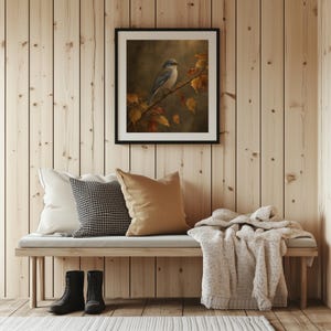 Perched bird printable art for living room — rustic fall foliage with rich golden tones and shadowy backdrop