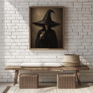 Black-robed magical figure cocktail picture for seasonal décor — moody atmospheric vintage painting