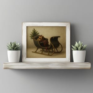 Antique-style sleigh poster carrying pine tree and presents featuring soft muted tones and rustic holiday charm