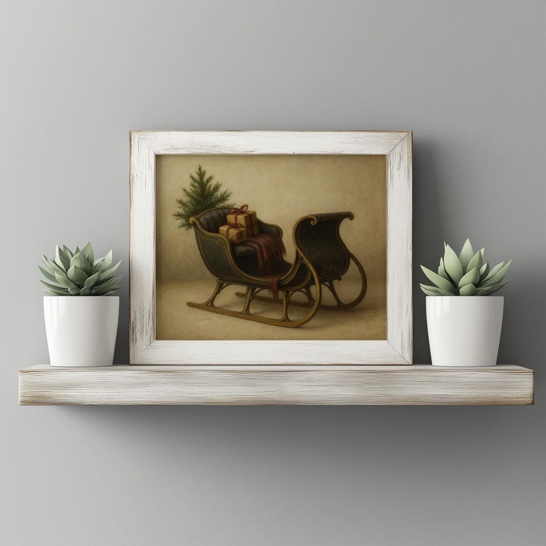 Antique-style sleigh poster carrying pine tree and presents featuring soft muted tones and rustic holiday charm