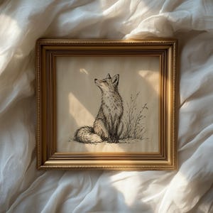 Seated fox line art printable poster — hand-drawn ink sketch with vintage woodland charm for nature lovers