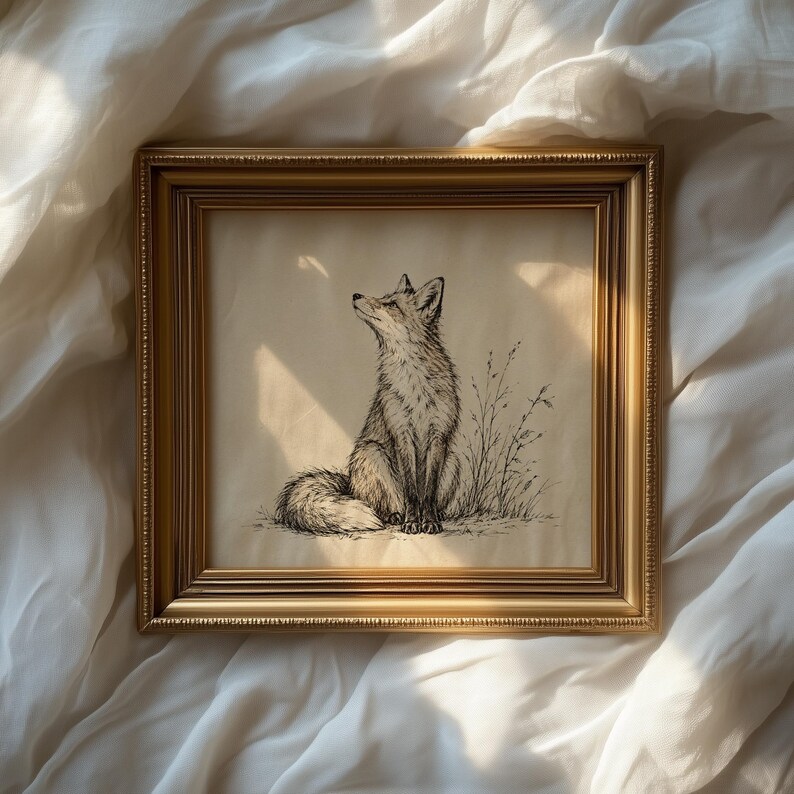 Seated fox line art printable poster — hand-drawn ink sketch with vintage woodland charm for nature lovers
