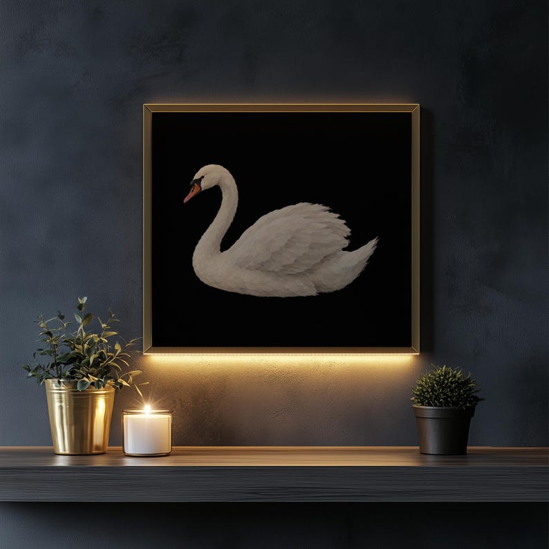 White swan wall art print — timeless waterfowl illustration with vintage character and soft textures