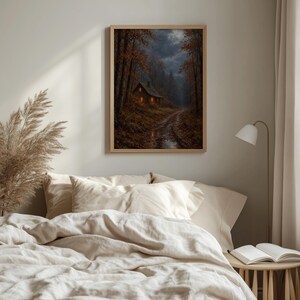 Rustic cabin in woods gallery print for living space — vintage forest landscape with glowing interior