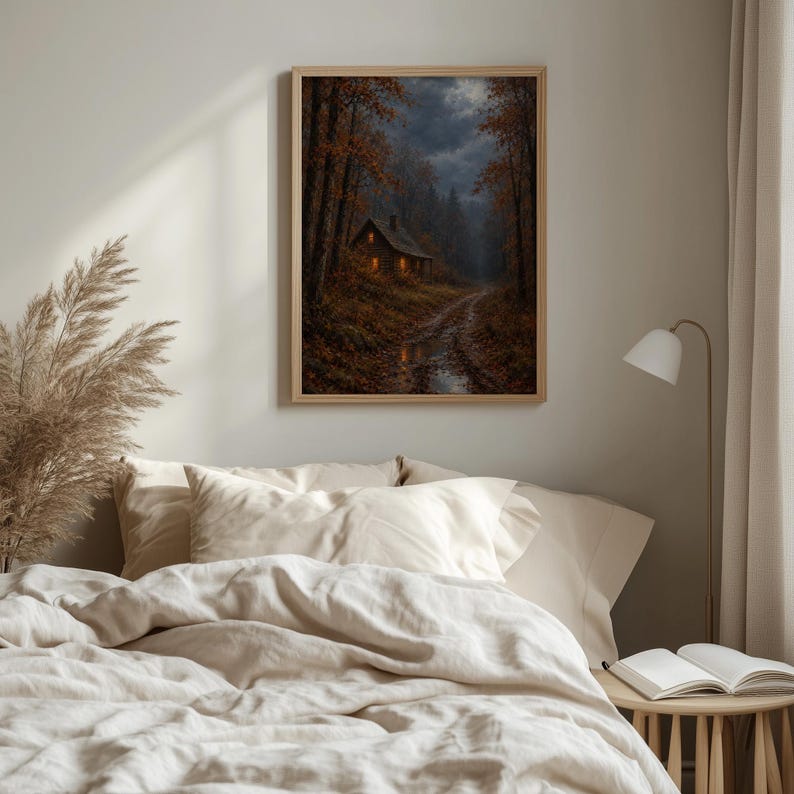 Rustic cabin in woods gallery print for living space — vintage forest landscape with glowing interior