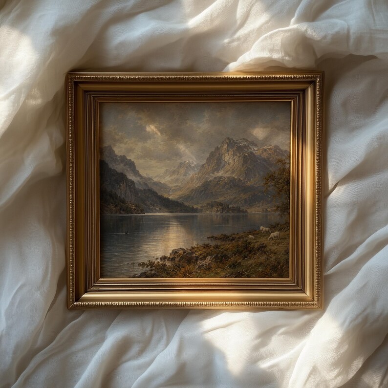 Towering snow peaks reflected in still lake picture — rustic vintage art for cabin or lodge