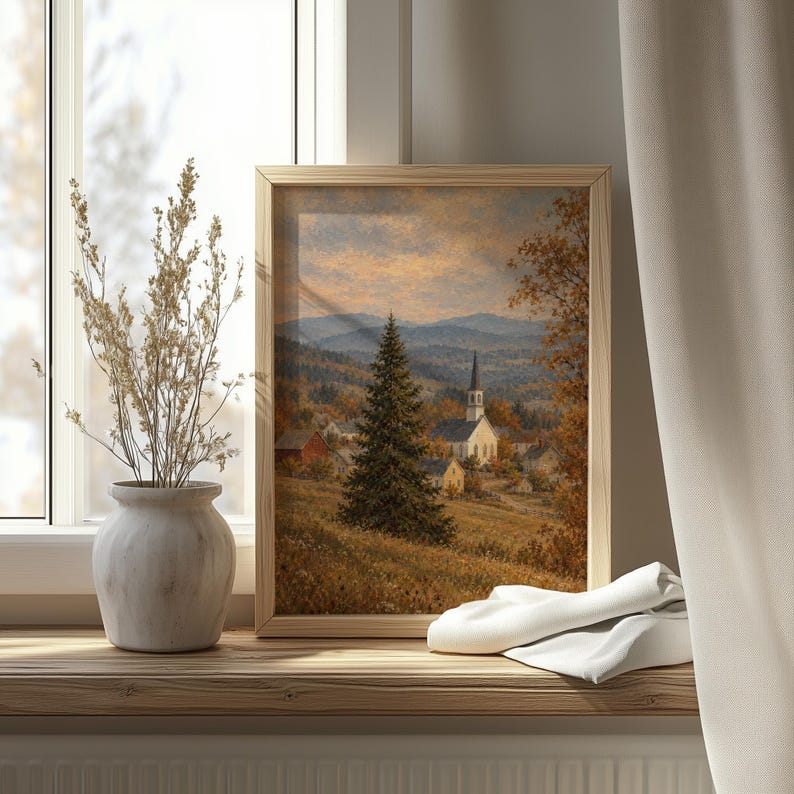 Harvest season village artwork printable for entryway — vintage painting with soft brushstrokes